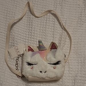 Whimsical White Plush Handbag with Unicorn Face and Triangular Ears